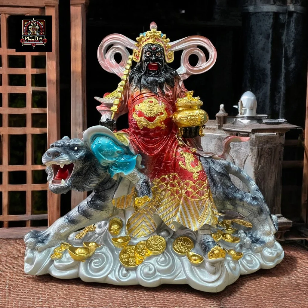 Patung Dewa Kekayaan Caishen Zhao Gong Ming / Han Tan Kong Harimau Silver 16 Inch 1
