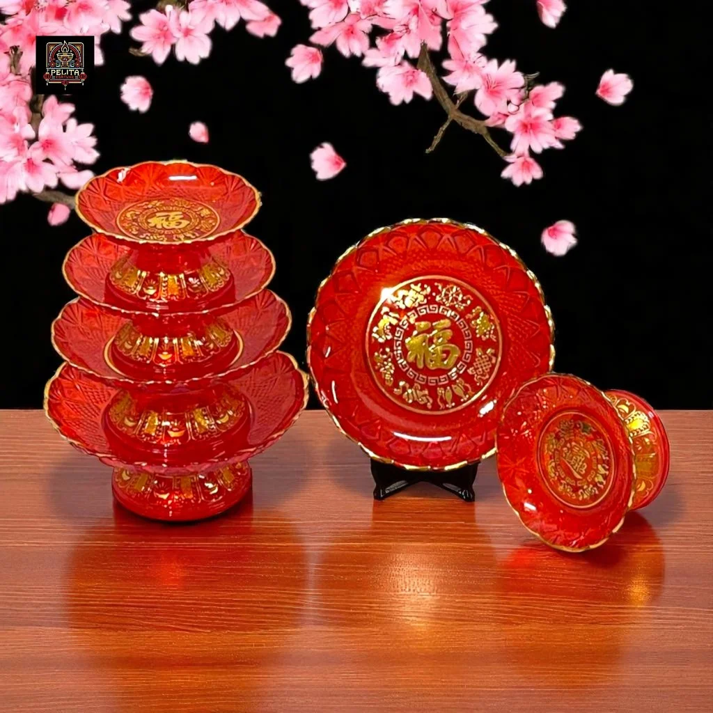 Piring Buah Sembahyang Merah Set Tingkat 6 - 10 Inch - Pelita Fortune 1