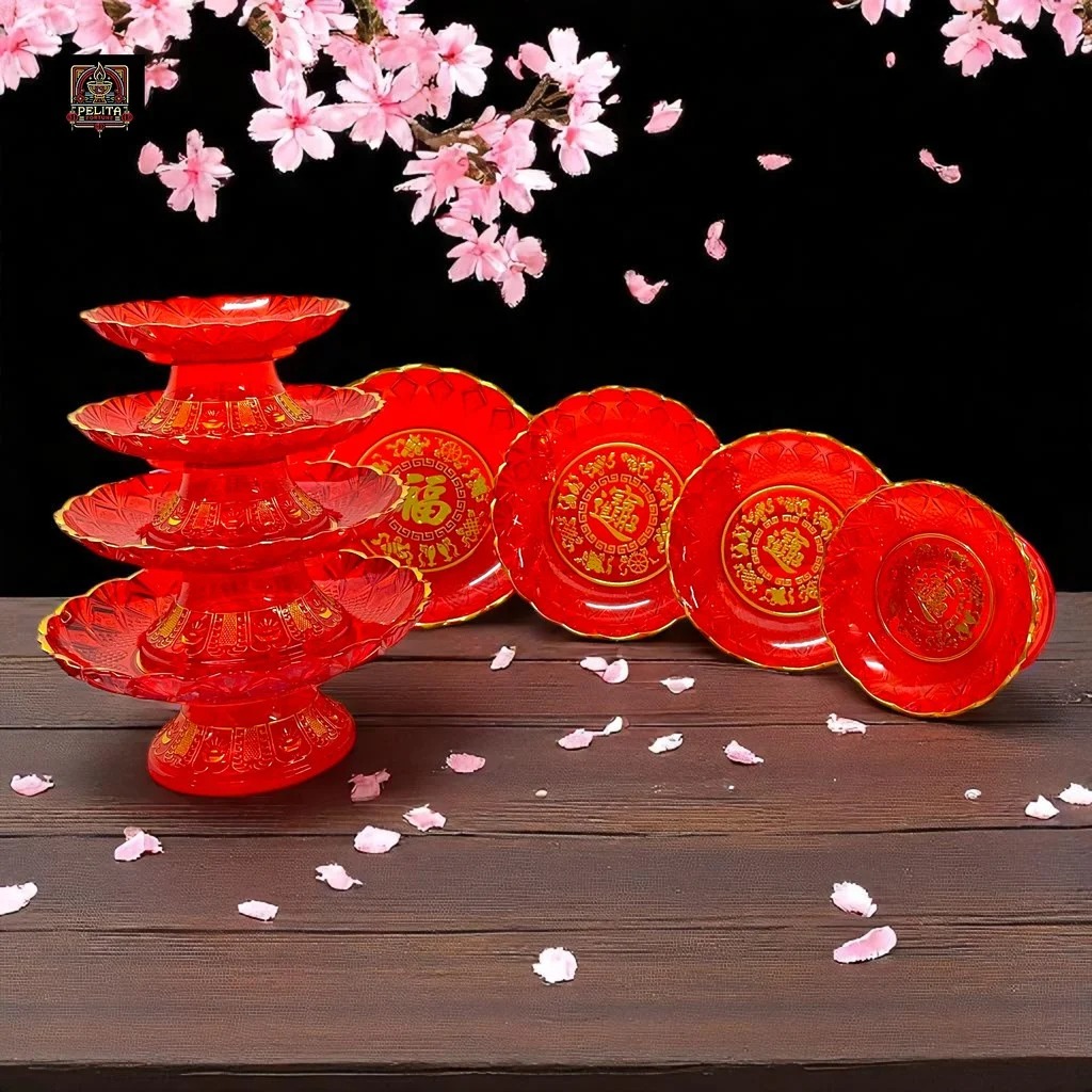 Piring Buah Sembahyang Merah + Kaki 6 7 8 9 10 Inch Satuan - Pelita Fortune 1