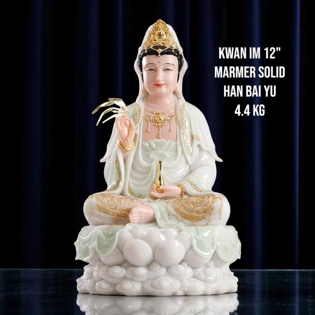 Patung Dewi Kwan Im Marmer Solid Han Bai Yu 12 Inch 4.4 kg 1