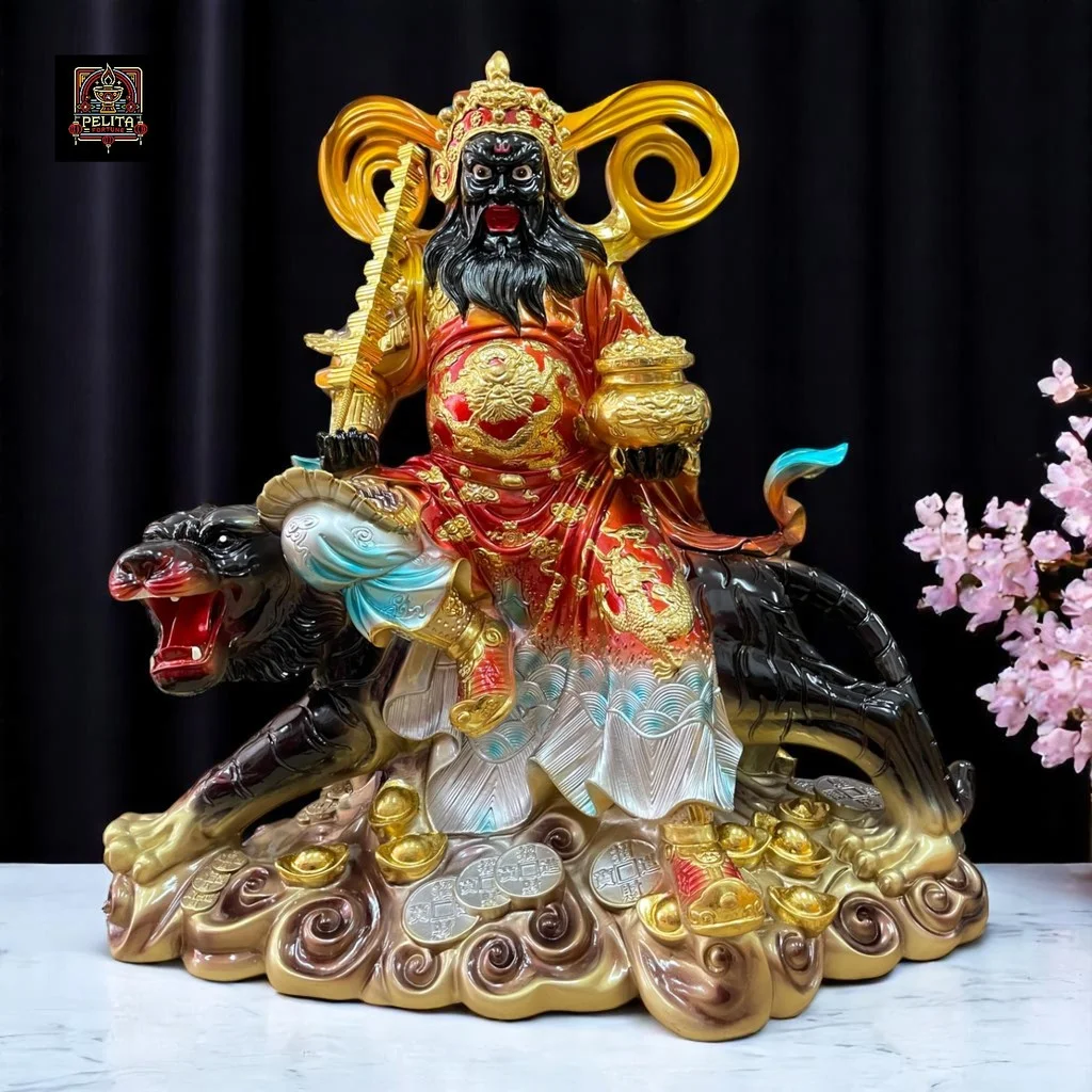 Patung Dewa Kekayaan Caishen Zhao Gong Ming / Han Tan Kong Harimau Hitam 19 Inch 1