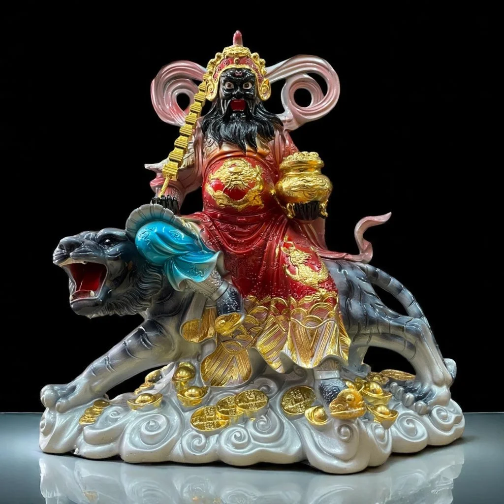 Patung Dewa Kekayaan Caishen Zhao Gong Ming / Han Tan Kong Harimau Silver 12 Inch 1