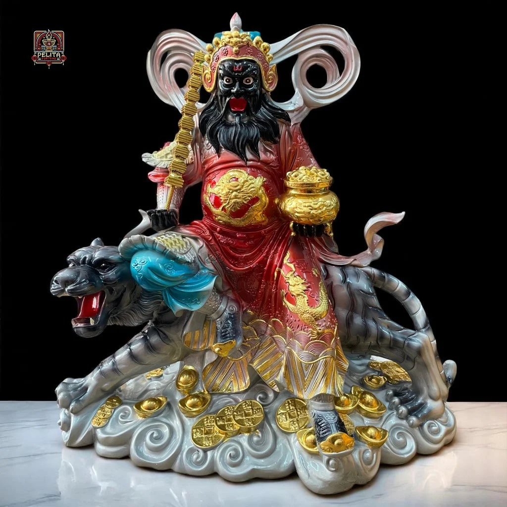Patung Dewa Kekayaan Caishen Zhao Gong Ming / Han Tan Kong Harimau Silver 19 Inch 1